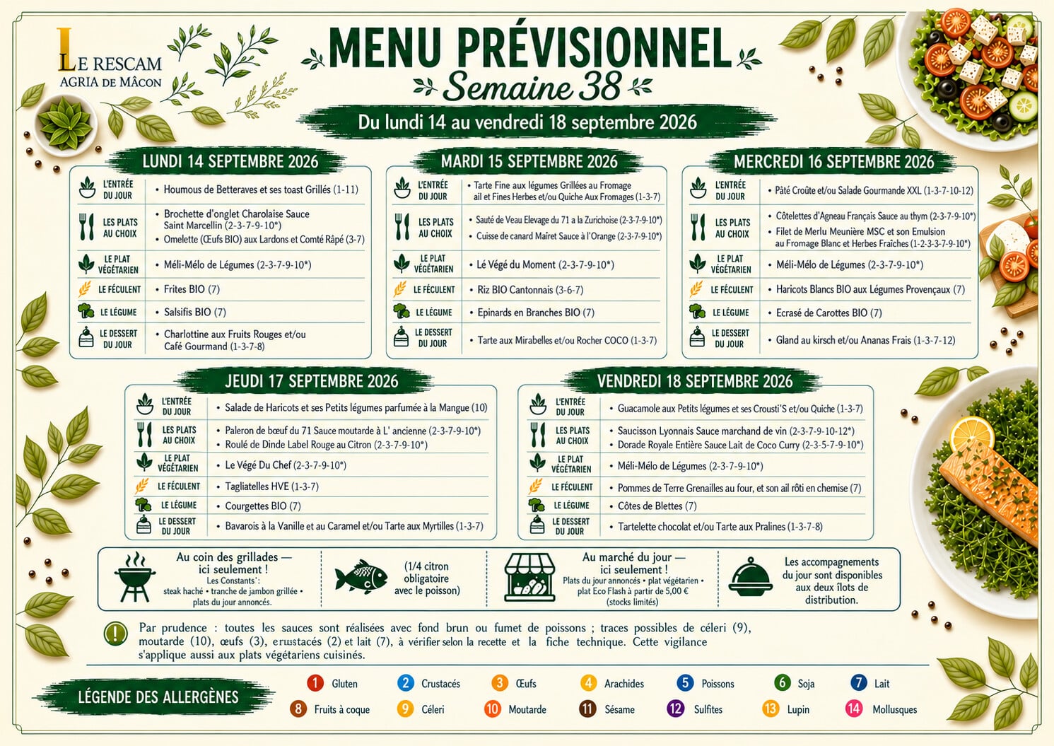 Menu de la semaine du 14 au 18 septembre 2026 - Le Rescam, AGRIA de Macon