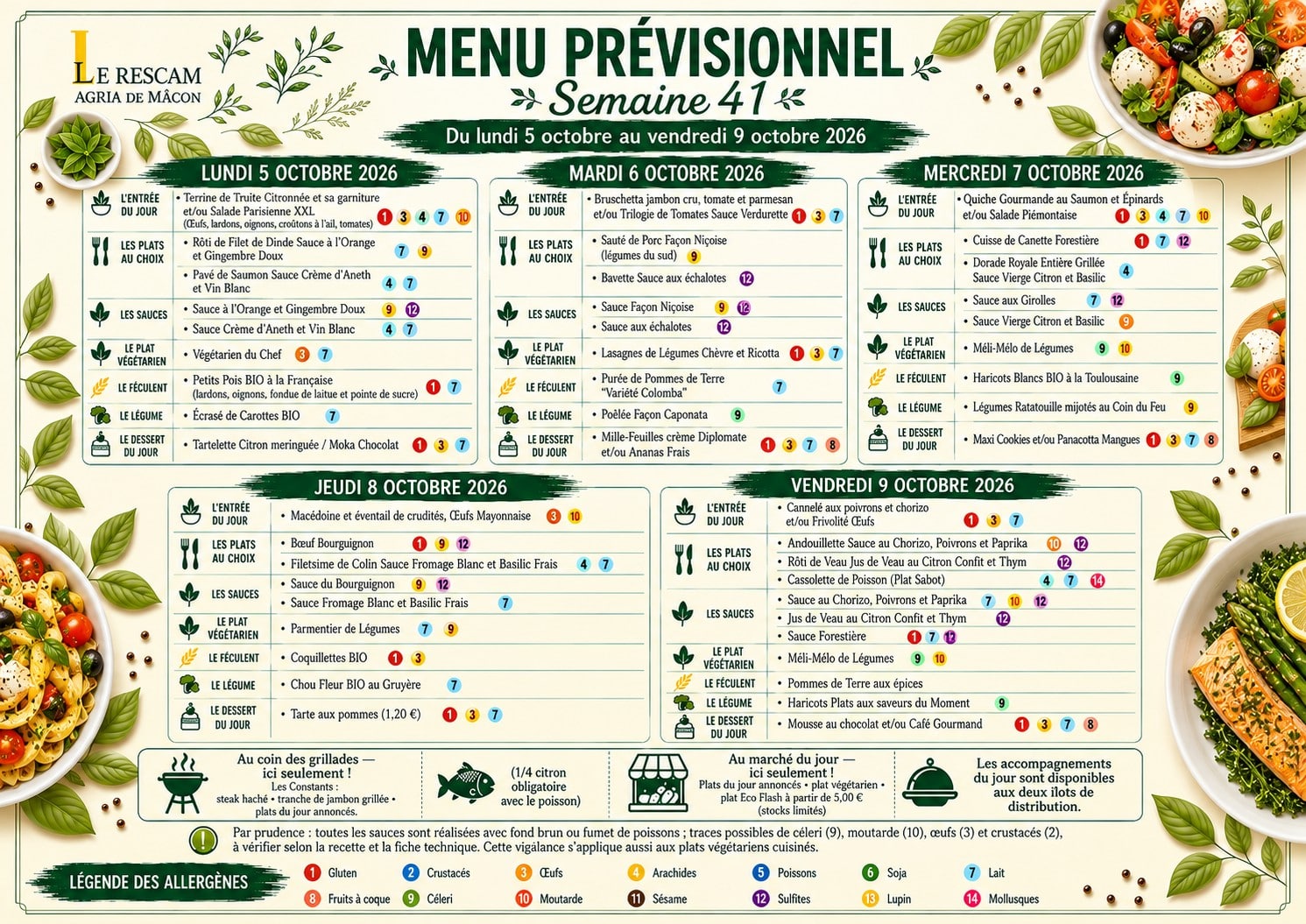 Menu de la semaine du 5 au 9 octobre 2026 - Le Rescam, AGRIA de Macon