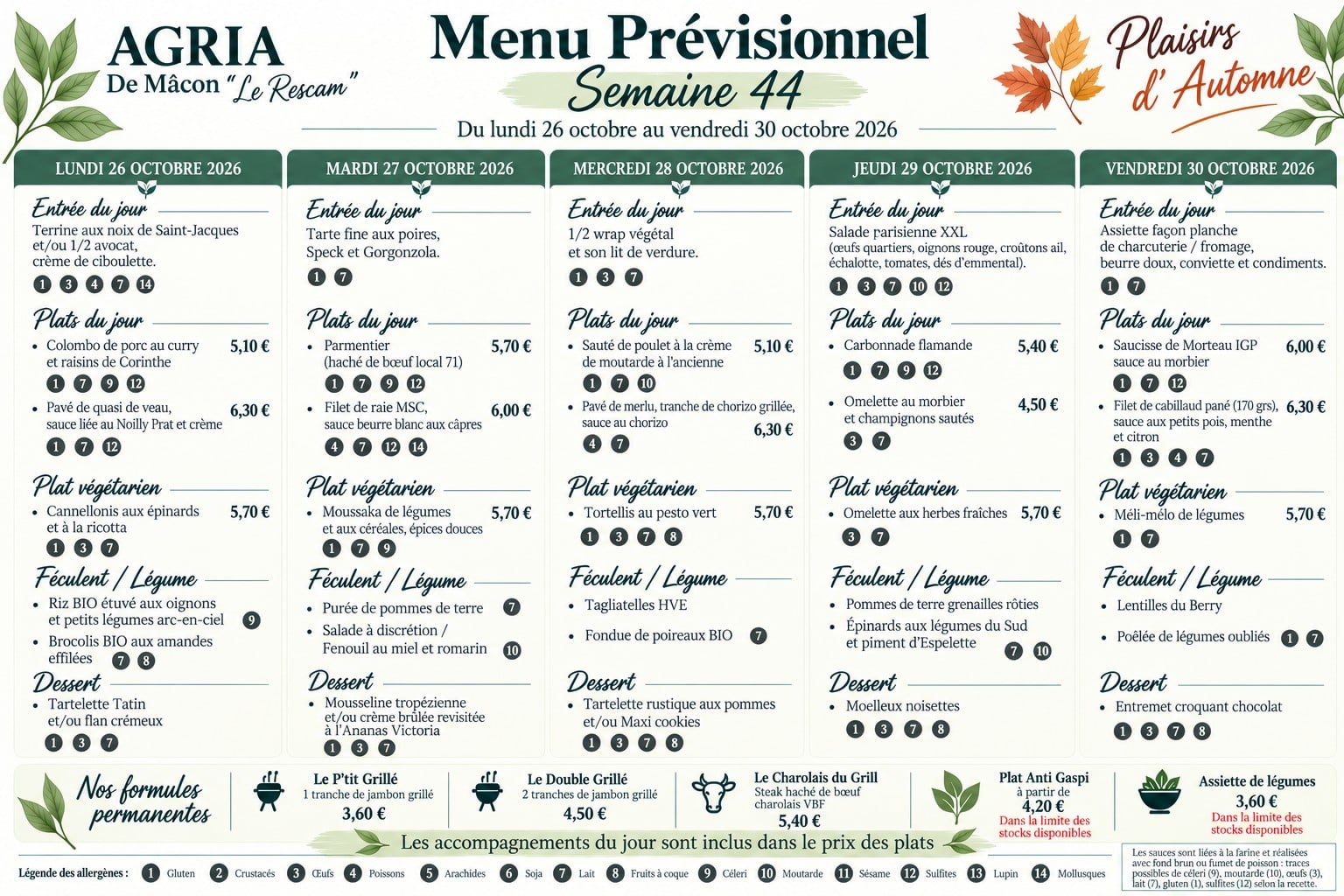Menu de la semaine du 26 au 30 octobre 2026 - Le Rescam, AGRIA de Macon